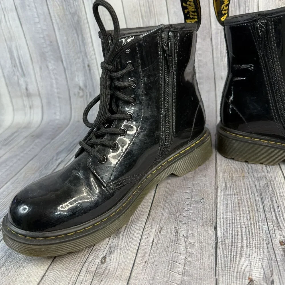 Dr Martens 1460 Junior/Kids Patent Leather Boots Size 4Y Black Lace Up/Zip